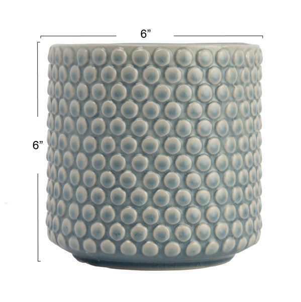 Round Sky Blue Stoneware Planter Pot with Polka Dots